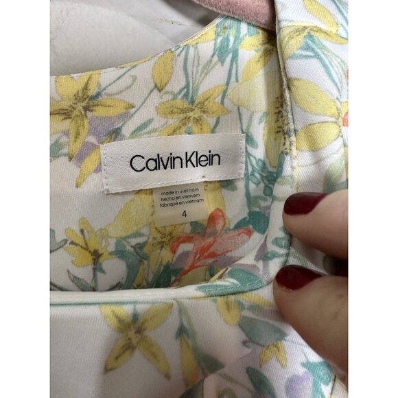 Calvin Klein Sheath Scuba Dress Size 4 White Yellow Floral Work Career Event - Picture 4 of 8